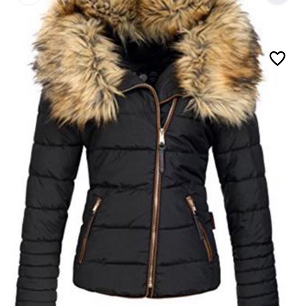 Black winter coat with a faux fur collar